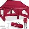 A red pop-up canopy tent with side walls and windows, along with its accessories, displayed on a white background. Produktbild-Vorschau