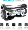 A cutaway view of a black hoverboard, showing its internal components and features, with descriptive icons and text below. Produktbild-Vorschau