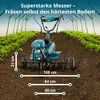 A teal rototiller is shown in a field with rows of green plants under a greenhouse structure. Dimensions are indicated with lines and text. Podgląd zdjęcia produktu