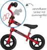 A red balance bike with black wheels and seat, shown from a side angle. A circular inset highlights the handlebars, and text describes features. Produktbild-Vorschau