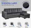 A dark gray sectional sofa is shown with marketing text and icons highlighting its features. Produktbild-Vorschau