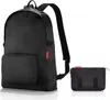 A black backpack and its folded form are displayed against a white background. Produktbild-Vorschau
