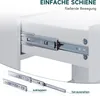 A close-up view of a drawer slide mechanism installed in a white furniture unit, with a separate view of the slide components below. Voir les images du produit