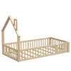 A wooden children's bed frame with a house-like structure and a safety rail with a door. Náhľad obrázku produktu
