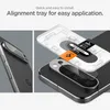 A split image showing a phone on the left and a close-up of a camera lens protector being installed with an alignment tray on the right. Anteprima dell’immagine prodotto