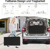 A woman is holding a folded black bag with a table inside, standing next to a car with its trunk open, showing the table being loaded into the car. Above, there are diagrams illustrating the folding mechanism of a table. Voir les images du produit
