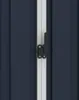 A close-up view of the latch and seam of a dark blue shed door. Náhled obrázku produktu