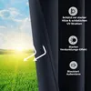 A dark blue curtain is shown partially covering a sunny green field. Icons and text highlight the curtain's features. Produktbild-Vorschau