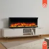 An electric fireplace is shown on a white media console in a well-lit room with a light-colored rug. Voir les images du produit