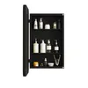 A black medicine cabinet with a mirrored door, standing open to reveal shelves stocked with various toiletries and personal care items. Produktbild-Vorschau