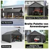 A collage of four images showing different uses of a grey carport/tent garage. Produktbild-Vorschau
