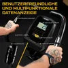 Close-up of a person's hands holding a stationary bike's handlebars and console, with various features highlighted by text overlays. Produktbild-Vorschau