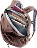 A brown Deuter backpack is shown with its main compartment partially open, revealing books and a pink wallet inside. A key is attached to the zipper. Anteprima dell’immagine prodotto