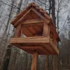A wooden bird feeder stands on a pole in a forest setting. Podgląd zdjęcia produktu