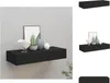 A black floating shelf mounted on a light gray wall, decorated with a picture frame, a plant, and two vases. Produktbild-Vorschau