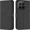 A black leather book-style phone case is shown from the front and back. Produktbild-Vorschau
