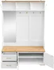 A white and wood entryway cabinet with a mirror, hooks, drawers, and shelves. Produktbild-Vorschau