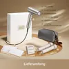 A product shot of a hairdryer and its accessories, presented with a list of included items. Produktbild-Vorschau
