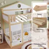 A children's bunk bed with a house-like design, shown in a room setting with decorative elements and close-up insets highlighting materials and features. Voir les images du produit