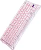 A pink mechanical keyboard with a clear plastic casing, shown from a diagonal angle against a white background. Produktbild-Vorschau