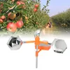 An apple orchard with people harvesting apples, overlaid with a product image of a solar-powered bird repeller. Podgląd zdjęcia produktu