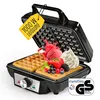 A waffle maker with waffles, ice cream, and berries on top, with promotional text and a certification logo. Produktbild-Vorschau