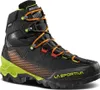Schwarze Bergschuhe "Aequilibrium ST GTX" von La Sportiva mit leuchtend orangefarbenen Schnürsenkeln und grünem Sohlenbereich. Produktbild-Vorschau