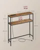 A narrow console table with two shelves, featuring integrated charging ports on the top shelf and dimensions indicated by measurement lines and text. Produktbild-Vorschau