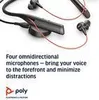 A close-up marketing image of a Poly Voyager 6200 UC headset, with text describing its features. Voir les images du produit