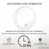 A white circular smoke detector is shown with text and icons indicating its features and battery life. Produktbild-Vorschau