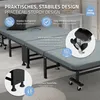A foldable guest bed with its features highlighted by text overlays and close-up insets. Produktbild-Vorschau