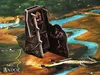 A board game piece, a wooden siege weapon with figures, is placed on a game board depicting a landscape with a river. Náhľad obrázku produktu