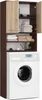 A washing machine cabinet with two doors, open to reveal shelves with folded towels and other items, placed on top of a white washing machine. Produktbild-Vorschau