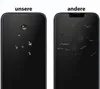 Two smartphone screens are shown side-by-side, one labeled 'unsere' (ours) and the other 'andere' (others). The 'unsere' screen has water droplets that bead up and roll off, while the 'andere' screen shows water spreading and fingerprints. Produktbild-Vorschau