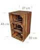 A rustic wooden crate shelving unit with three compartments, showing dimensions. Produktbild-Vorschau