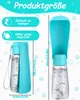 A product size guide for a portable dog water bottle, showing two different sizes and highlighting features like ease of cleaning and capacity. Produktbild-Vorschau