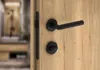 A close-up view of a black door handle and lock set on a light wood door. Produktbild-Vorschau