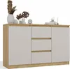 A modern sideboard with a light wood grain frame and beige drawers.