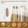 A portable garment steamer with clothing hanging on a rack in the background, and fabric swatches at the bottom. Produktbild-Vorschau