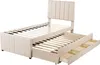 A beige upholstered bed frame with a headboard and a pull-out trundle bed with drawers, shown against a white background. Produktbild-Vorschau