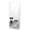 A clear, studio shot of a silver glitter iPhone 13 Pro case with a Karl Lagerfeld character and a cat design. Produktbild-Vorschau