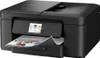 A black Brother 3-in-1 compact inkjet printer is shown from a front-side angle, with a sheet of paper partially printed and emerging from the output tray. Produktbild-Vorschau