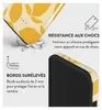 A product image showcasing a phone case with a lemon pattern, highlighting its shock resistance and raised edges. Produktbild-Vorschau