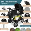A black stroller with various features highlighted by text overlays and close-up images. Produktbild-Vorschau
