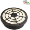 A round vacuum cleaner filter with a black grid on top and white pleated filter material underneath, set against a white background. A small logo is visible in the top right corner. Produktbild-Vorschau