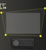 A projector is shown projecting a rectangular image onto a dark surface, with yellow dotted lines indicating the projection boundaries. A diagram showing measurement indicators is in the top left corner. Voir les images du produit