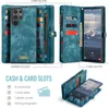 A collage of images showing a teal leather wallet-style phone case with multiple card slots and a zipper pocket, along with a phone inside the case. Text overlays describe the features. Produktbild-Vorschau