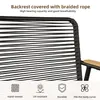 Close-up of a black braided rope backrest of an outdoor chair with wooden armrests, and marketing icons at the bottom. Anteprima dell’immagine prodotto