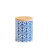 A ceramic storage jar with a blue and white pattern and a bamboo lid, isolated on a white background. Produktbild-Vorschau