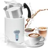 A white electric milk frother with a metal pitcher, surrounded by images of coffee and hot chocolate. Produktbild-Vorschau